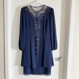 Ursula of Switzerland Women's 12P Beaded Party Cocktail Dress Navy Sheer Sleeve